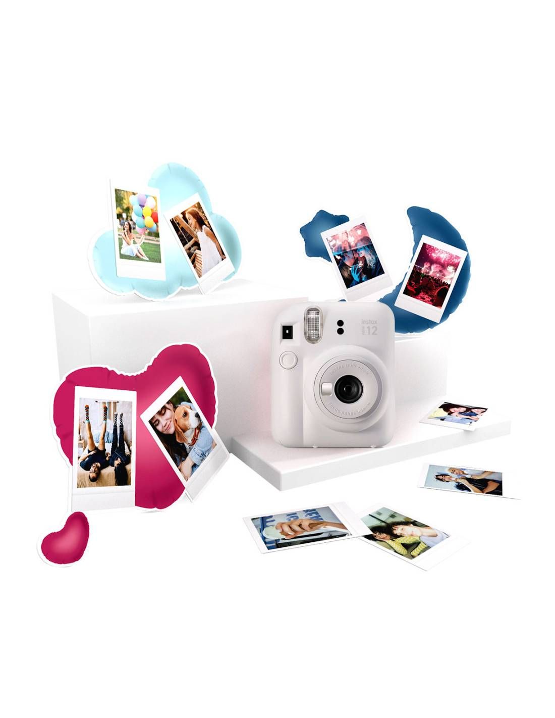 FUJIFILM CAMARA MINI INSTAX 12 KIT COLOR BLANCO + PAPEL 10 FOTOS + 3 PORTARA RETRATOS
